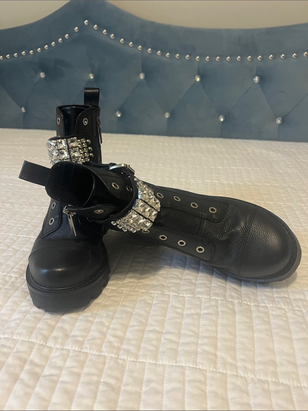 Karl Lagerfeld Black Leather Studded Combat Boots with Crystal Strap